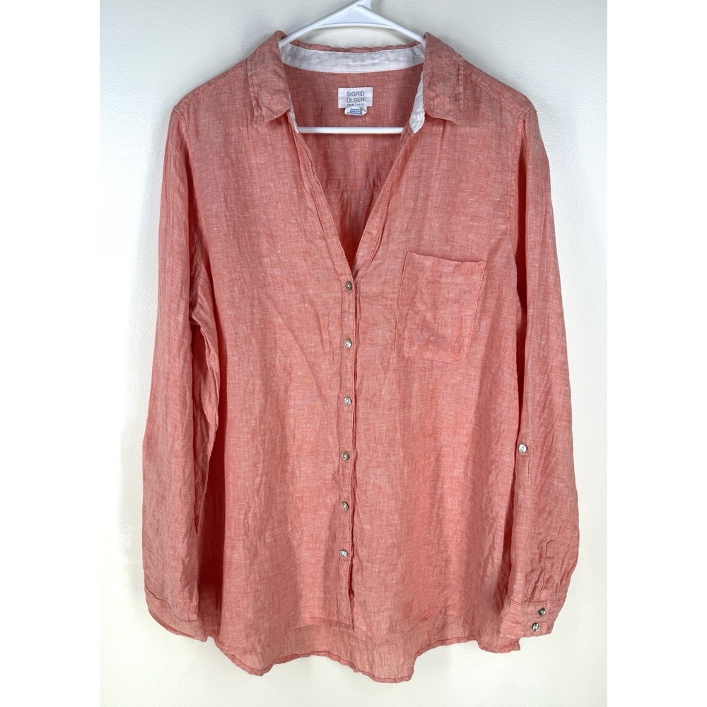 Sigrid Olsen 100% Linen Buttonup Tunic Top Womens Size Large Beach Vacation Boho